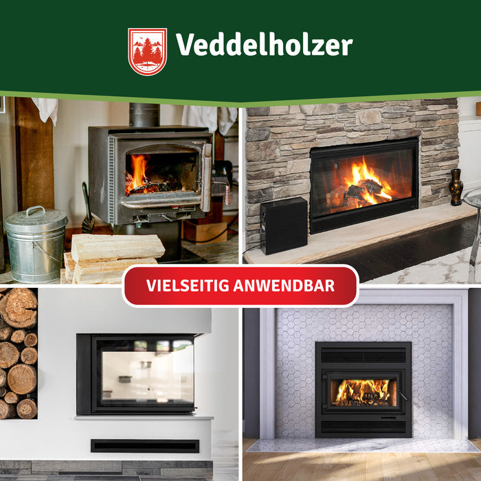 Vier brennende Feuerstätten: alter Werkstattofen, langer Kamineinsatz in Steinwand, moderner Wandkamin und Einsatz in Mosaikfliesen