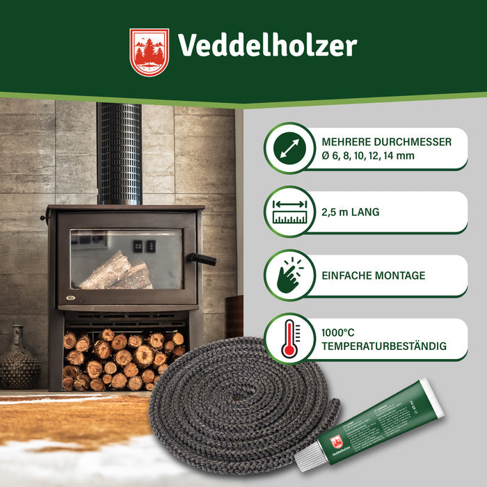 Merkmale: Durchmesser Ø 6, 8, 10, 12 und 14 mm, 2,5 m lang, einfache Montage, bis 1000 °C beständig – daneben Schnurrolle und Klebertube