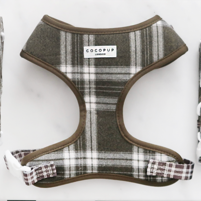 Olive check adjustable harness, lead, and collar set from Cocopup London displayed on a white background.