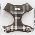 Olive check dog harness with adjustable neck, safety lock buckle, and Cocopup London label.