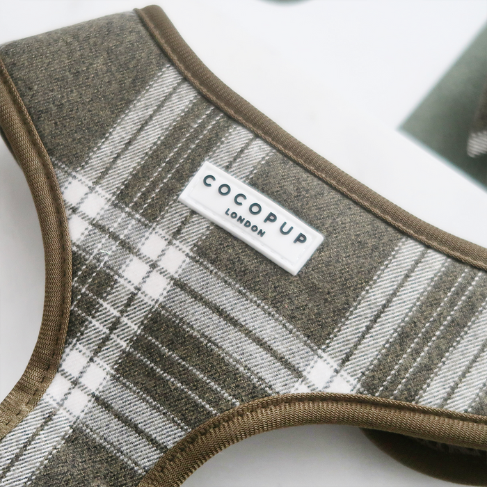 Olive check adjustable neck harness with white Cocopup London label on the front.