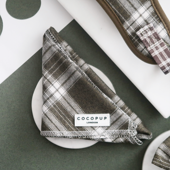 Olive green and white plaid dog bandana by Cocopup London, displayed on a geometric green and white background.