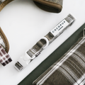 Olive check dog collar with adjustable strap and white buckle from Cocopup London.