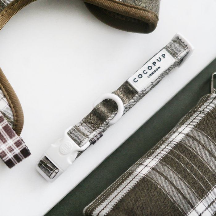 Olive check dog collar with adjustable strap and white buckle from Cocopup London.