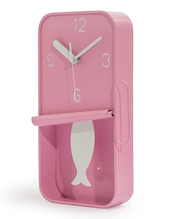 ORANGE METAL SARDINE TIN PENDULUM WALL CLOCK