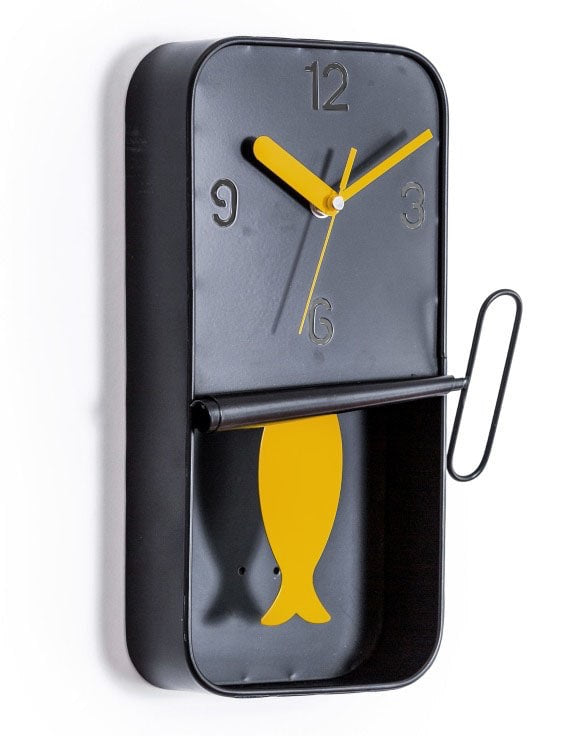 ORANGE METAL SARDINE TIN PENDULUM WALL CLOCK