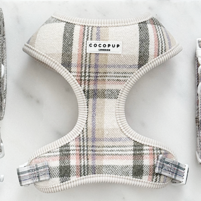 Cocopup London harness in Oxford plaid pattern with adjustable neck, displayed on a white surface.
