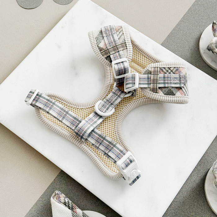 Oxford plaid dog harness with adjustable neck, white buckles, and beige mesh lining.