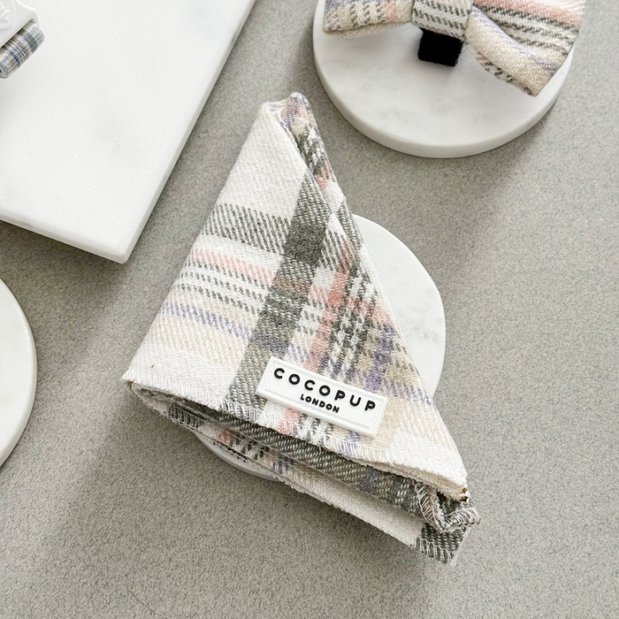 Oxford plaid bandana on a white dish with matching plaid bow tie beside it.