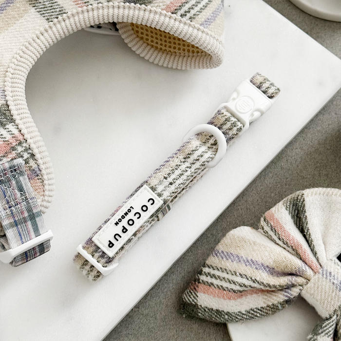 Pastel plaid dog collar with matching bow tie and Cocopup London branded tag.
