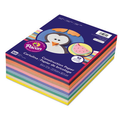Pacon Rainbow Super Value Construction Paper Ream, 45lb, 9 x 12, Assorted, 500/Pack (6555)