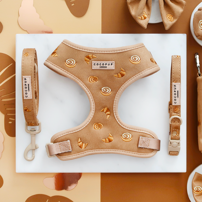 Cocopup London harness, lead, and collar set with croissant pattern on a white background.