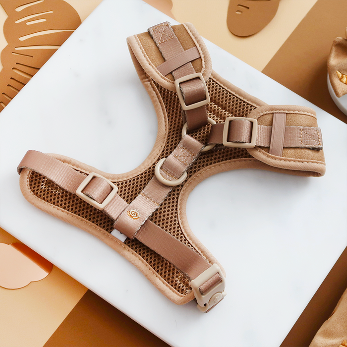 Tan mesh dog harness, lead, and collar set from Cocopup London Pawtisserie displayed as a matching bundle.