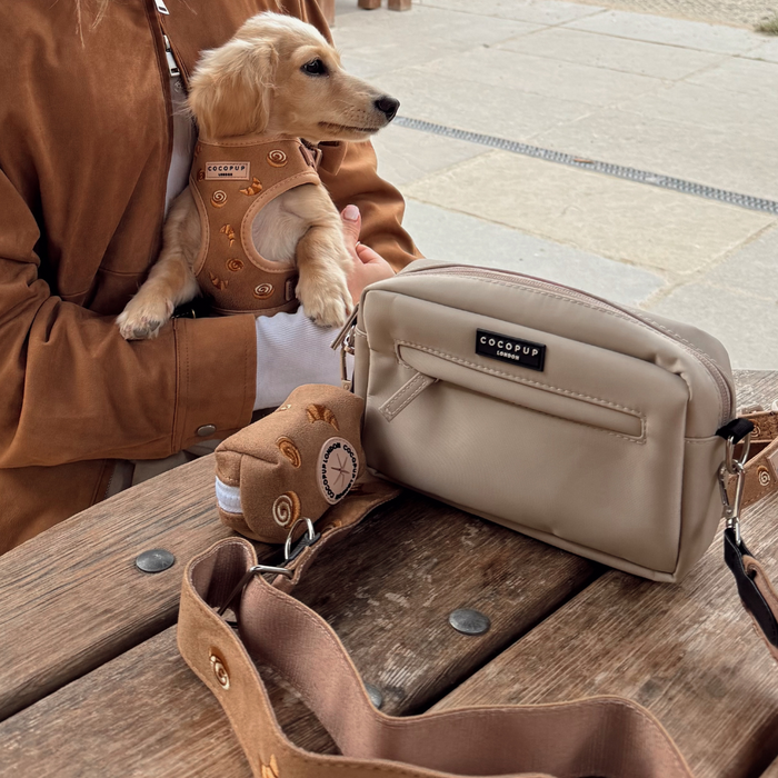 Tan puppy in a beige Cocopup London harness, with matching lead bundle and bag on a wooden table.