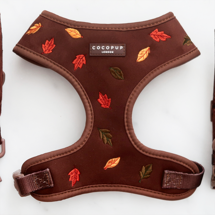 Adjustable dog harness with safety lock, featuring an autumn leaf pattern and a branded front label.