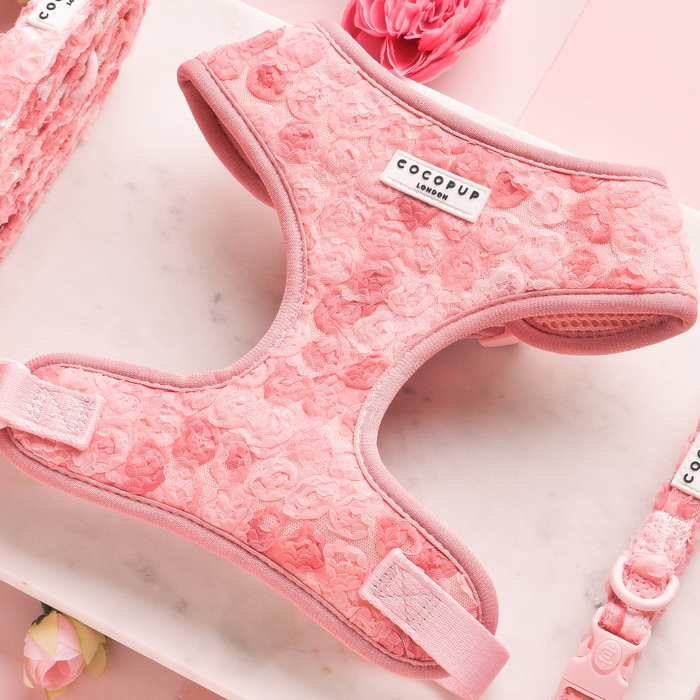 Peony Pup adjustable neck harness with pink floral pattern, displayed on a marble surface.