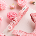 Pink harness and leash set for small dogs with a pastel pink base and peony floral pattern.
