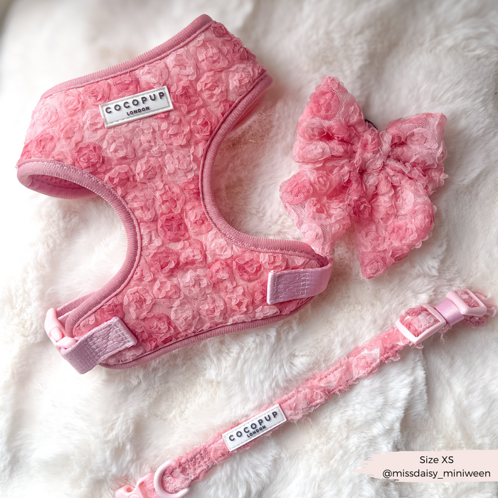 Pink floral sailor bow tie and matching leash set from Cocopup London on soft white fur.