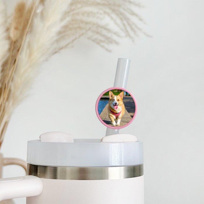 White Cocopup London tumbler with a straw and a pink round straw topper decorated with a smiling corgi dog.