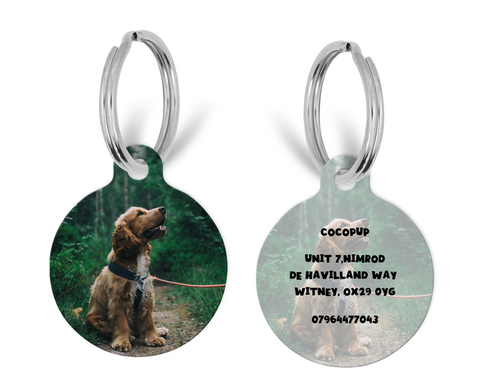 Cocopup London personalised dog ID tag featuring a brown pup illustration and contact info, attached to a metal keyring.