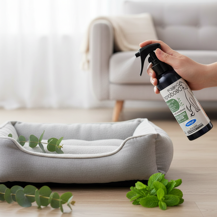 Dropshipman pet odor-neutralizing spray in use, 100ml bottle, neutralizes urine and pet smells effectively.