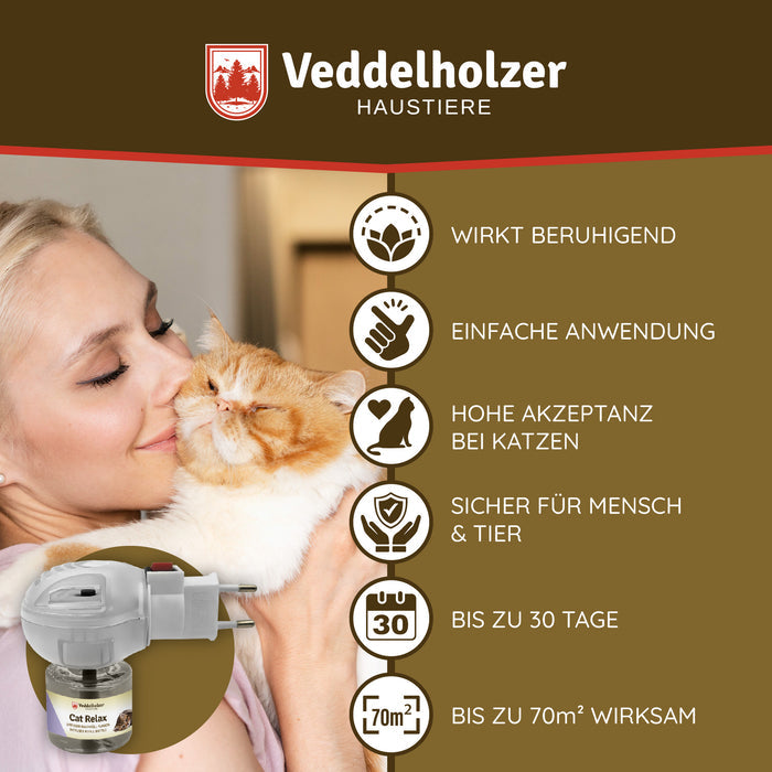 Frau schmiegt Wange an eine rot-weiße Katze; Icons: beruhigend, hohe Akzeptanz, bis zu 30 Tage und 70 m² Wirkfläche