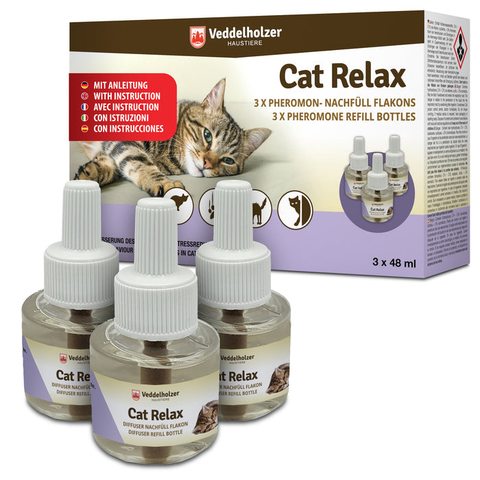 Verpackung mit liegender getigerter Katze und Aufdruck „3 x 48 ml“, davor drei Nachfüllflakons mit weißem Verschluss