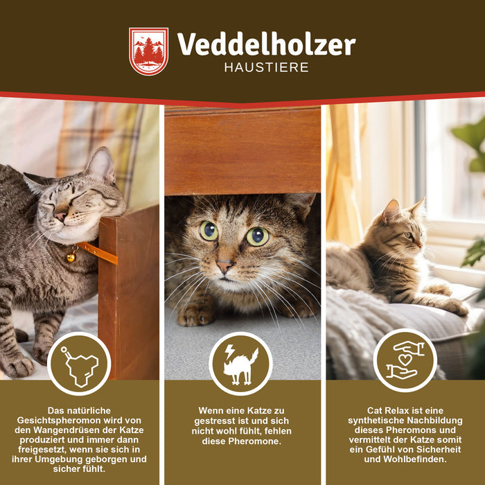 Drei Motive zum Pheromon: Katze markiert mit der Wange, gestresste Katze unterm Tisch, zufriedene Katze am Fensterplatz