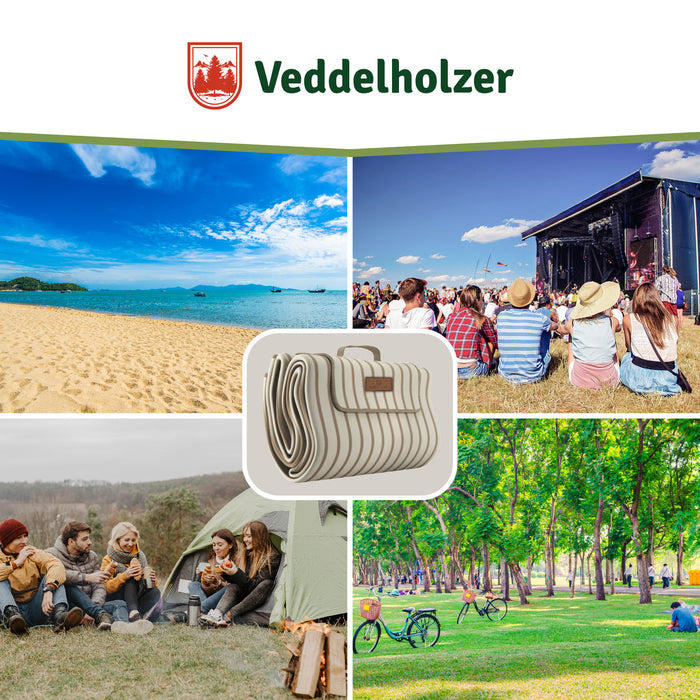 Vier Einsatzorte: Strand, Festivalbühne, Camping am Zelt und Park mit Fahrrädern, in der Mitte die gerollte Decke