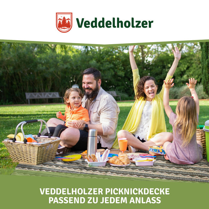 Familie mit zwei Kindern sitzt jubelnd auf der Decke im Park, davor Picknickkorb und Thermoskanne – „Passend zu jedem Anlass“