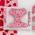 Pink cord harness, collar, and lead set with heart pattern, arranged on a white background with heart decorations.