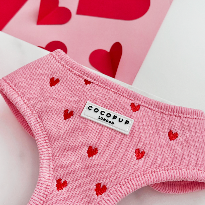 Pink cord pet harness with adjustable neck and heart pattern, shown next to pink heart-decorated paper.