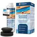 Flasche Polierpaste mit schwarzem Applikationspuck neben der Verpackung, dazu iip-Siegel „Sehr gut (1,1)“ und Vergleichssieger-Plakette