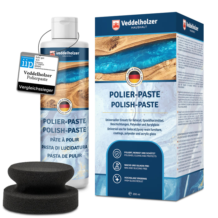 Flasche Polierpaste mit schwarzem Applikationspuck neben der Verpackung, dazu iip-Siegel „Sehr gut (1,1)“ und Vergleichssieger-Plakette