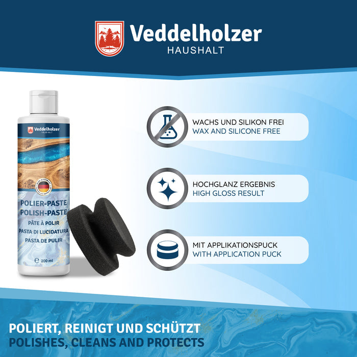 200-ml-Flasche mit zwei Polierpucks, Icons: wachs- und silikonfrei, Hochglanz-Ergebnis – „Poliert, reinigt und schützt“