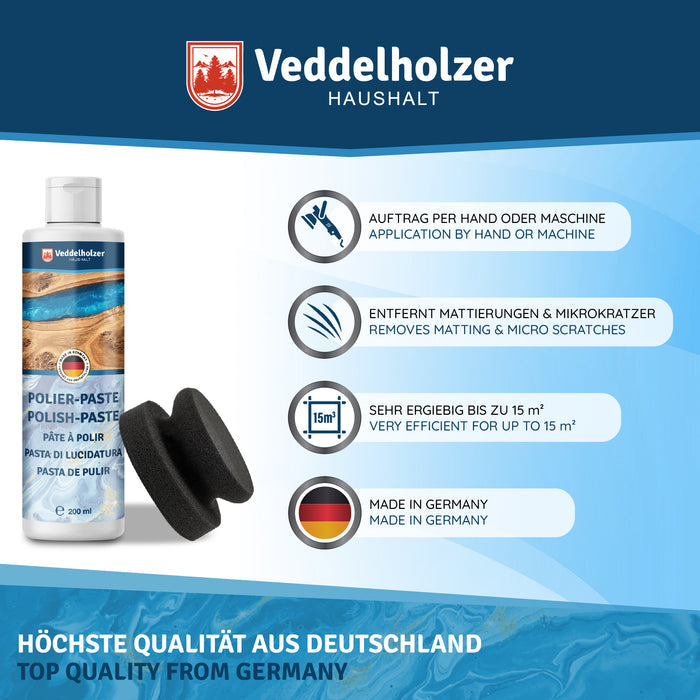 Vier Hinweise: Auftrag per Hand oder Maschine, entfernt Mattierungen und Mikrokratzer, ergiebig bis 15 m², Made in Germany