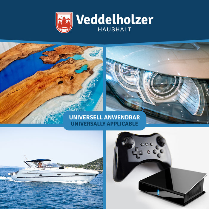 Vier Einsatzbereiche: Epoxidharztisch, Autoscheinwerfer, Motorboot und Hochglanz-Kunststoff von Konsole und Controller