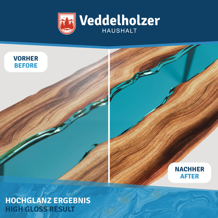 Vorher-Nachher-Vergleich einer Epoxidharz-Holzoberfläche: links matt und stumpf, rechts spiegelnd glänzend