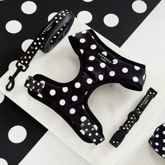 Cocopup London polka dot harness, lead, and collar set in black and white on a white marble background.