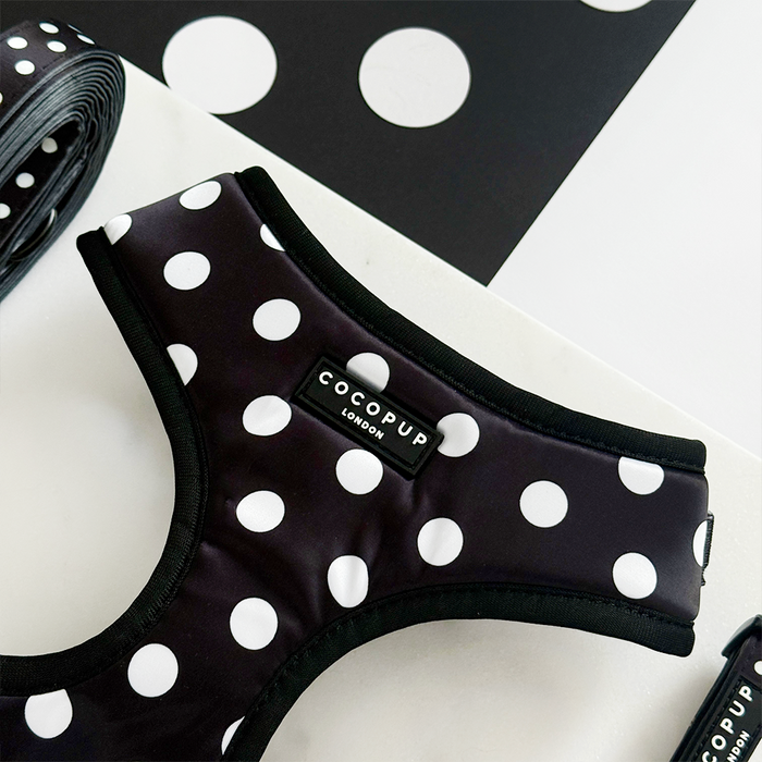 Polka dot adjustable dog harness with matching accessories and Cocopup London brand label visible.