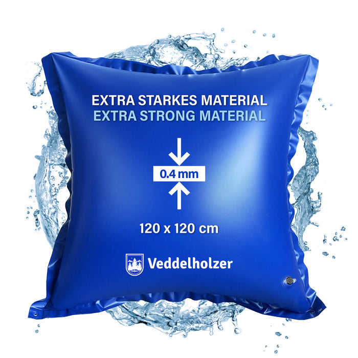 Blaues Luftkissen in Wasserspritzern mit Angaben „Extra starkes Material“, 0,4 mm Stärke und 120 x 120 cm