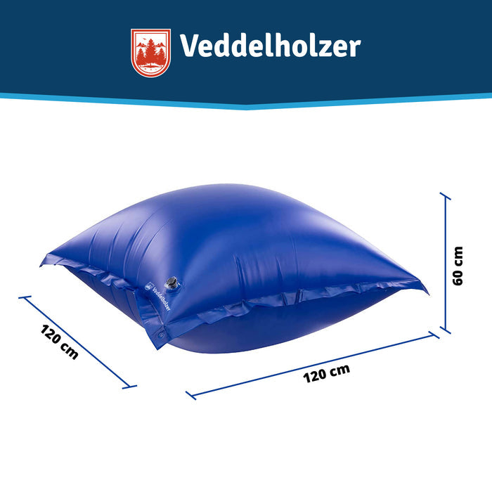 Aufgeblasenes Kissen schräg von der Seite mit Maßen 120 x 120 cm und 60 cm Höhe, Ventil an der Seite