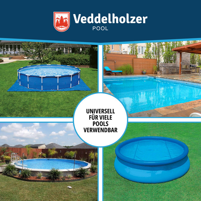 Vier Pooltypen: Stahlrahmenbecken, gemauerter Gartenpool, Rundbecken und Quick-Up-Pool – „Universell für viele Pools verwendbar“