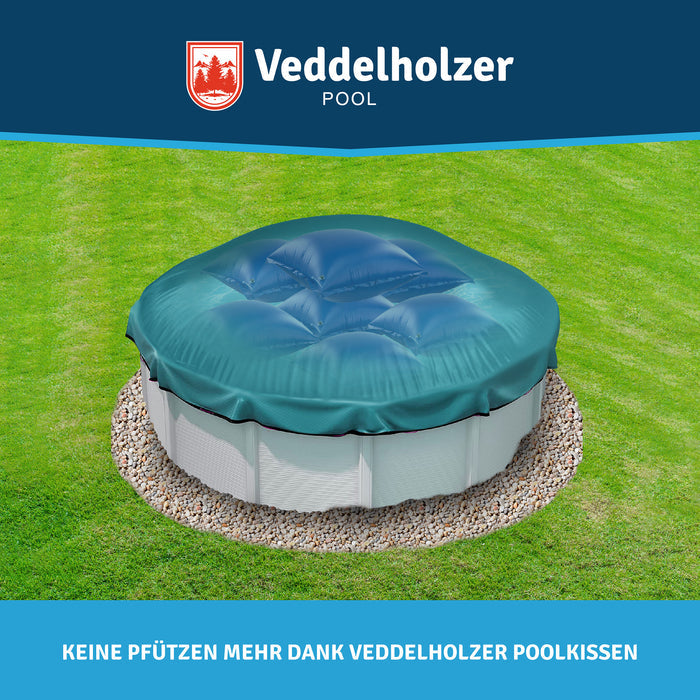 Grüne Abdeckplane wölbt sich über den Kissen zu einer Kuppel – Bildtext „Keine Pfützen mehr dank Veddelholzer Poolkissen“
