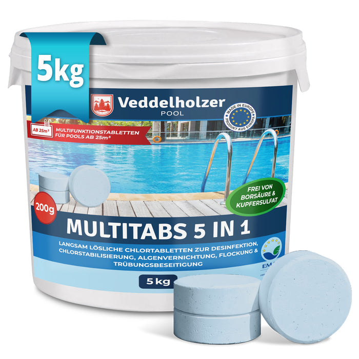 Weißer 5-kg-Eimer „Multitabs 5 in 1“ mit 200-g-Tabs, Hinweis „Frei von Borsäure & Kupfersulfat“, davor drei hellblaue Tabletten