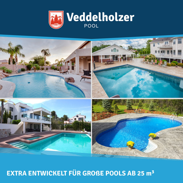 Vier große private Schwimmbecken an Villen und Gärten – Bildtext „Extra entwickelt für große Pools ab 25 m³“
