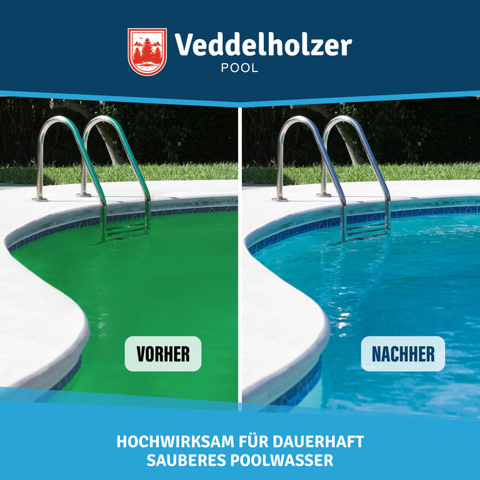 Vorher-Nachher am selben Becken mit Edelstahlleiter: links grün trübes Wasser, rechts klares blaues Poolwasser