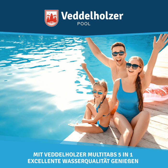 Jubelnde Familie in blauer Badekleidung sitzt am Beckenrand – Bildtext „Excellente Wasserqualität genießen“