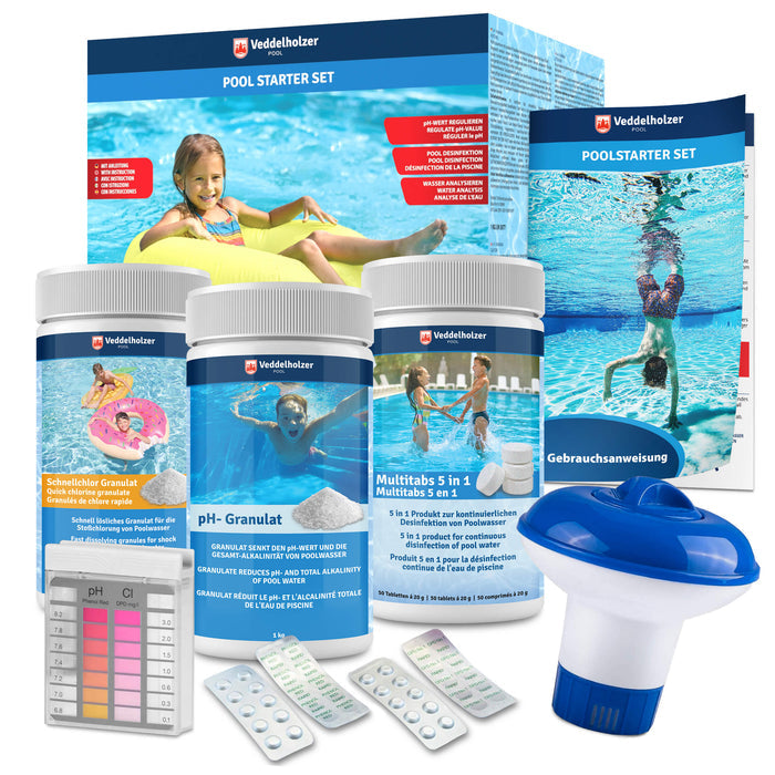 Karton „Pool Starter Set“ mit Dosen für Schnellchlor, pH-Granulat und Multitabs, Pooltester, Dosierschwimmer und Anleitung