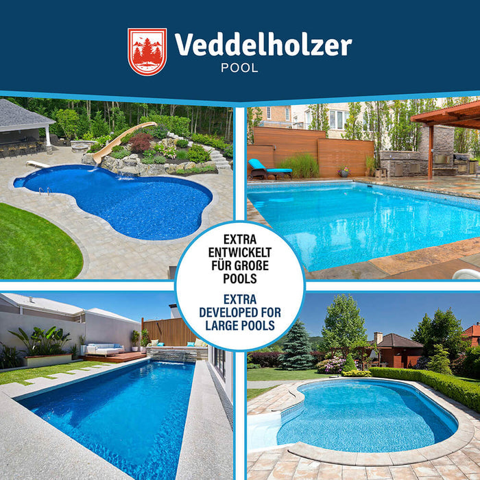 Vier große eingelassene Gartenpools rund um den Hinweis „Extra entwickelt für große Pools“